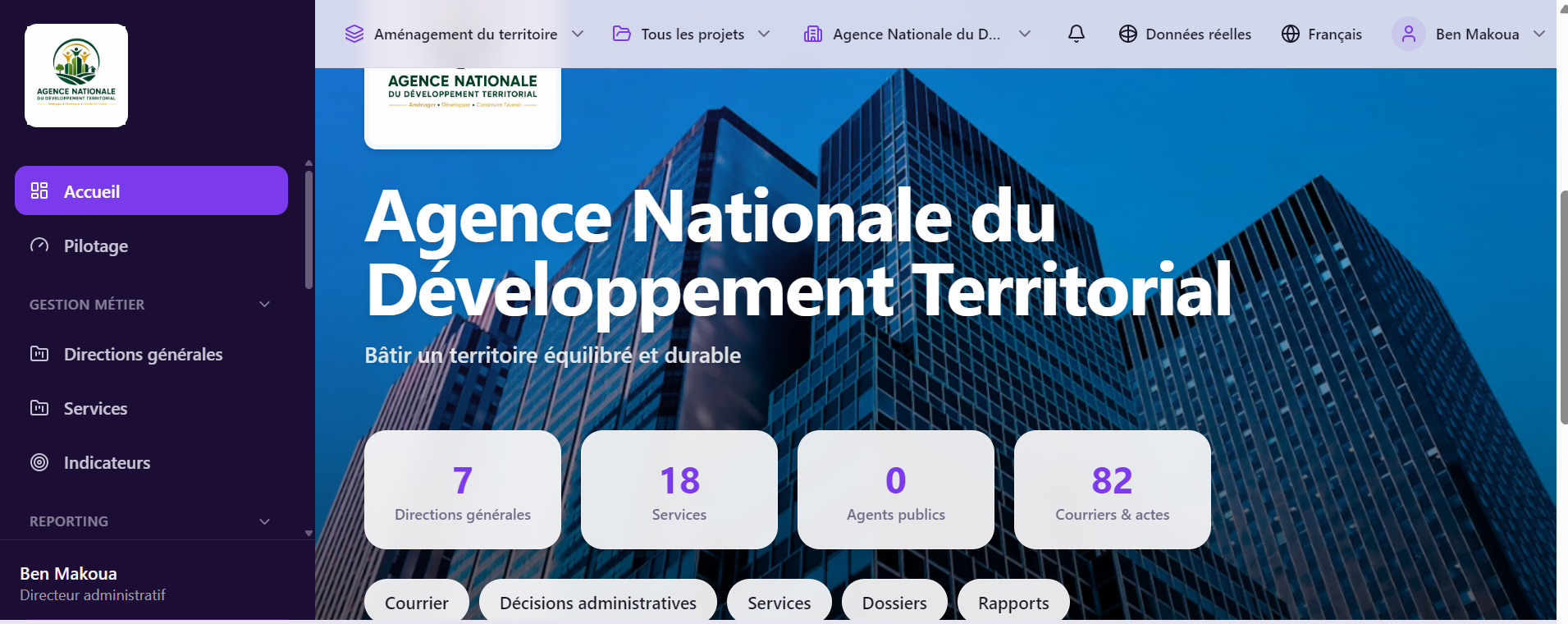 Page d'accueil Agence Nationale du Développement Territorial